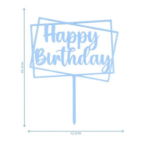 Light blue rectangular cake topper with "Happy Birthday" in playful, elegant script, measuring 16.2cm x 13.3cm.