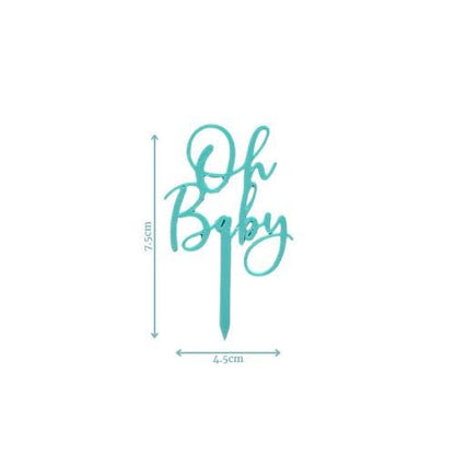 Teal "Oh Baby" topper with playful script, perfect for adding charm to baby shower treats. Measures 7.5cm tall and 4.5cm wide
