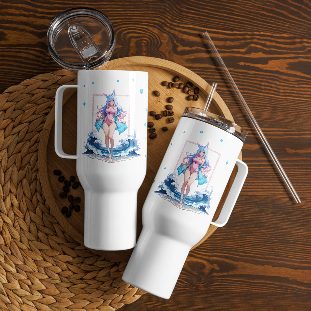 Charming 40oz travel mug featuring an Aqua Fox girl against a wave backdrop, perfect for whimsical drinkware lovers.