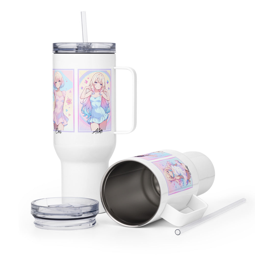 Sleek 40oz travel mug featuring vibrant anime characters Emi and Aiko, perfect for K-pop fans on the go.