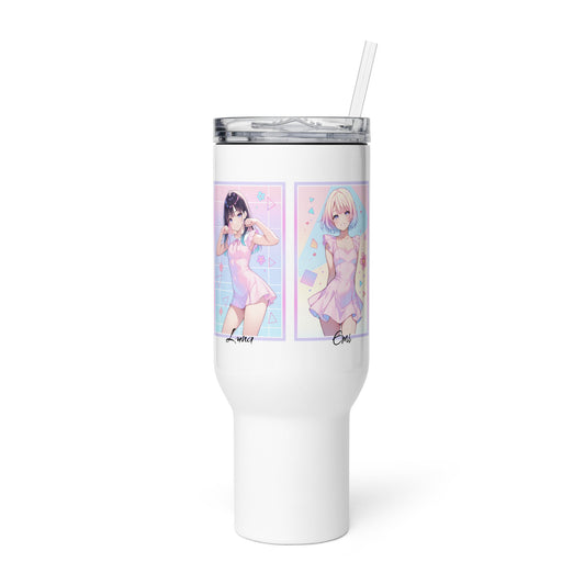 Stylish 40oz travel mug featuring vibrant anime characters Luna and Emi, perfect for K-pop fans on the go!