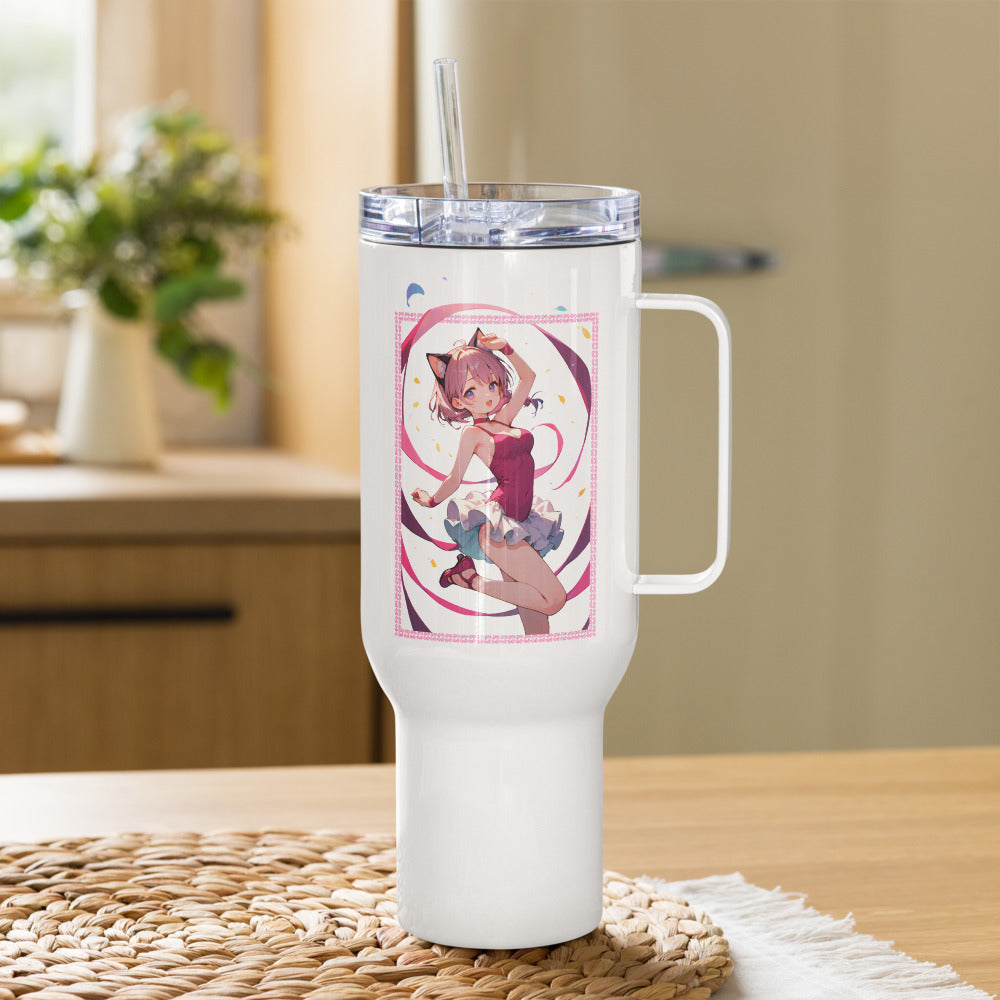 Charming travel mug featuring a ballet dancer in pinks and purples, perfect for dance lovers on the go.
