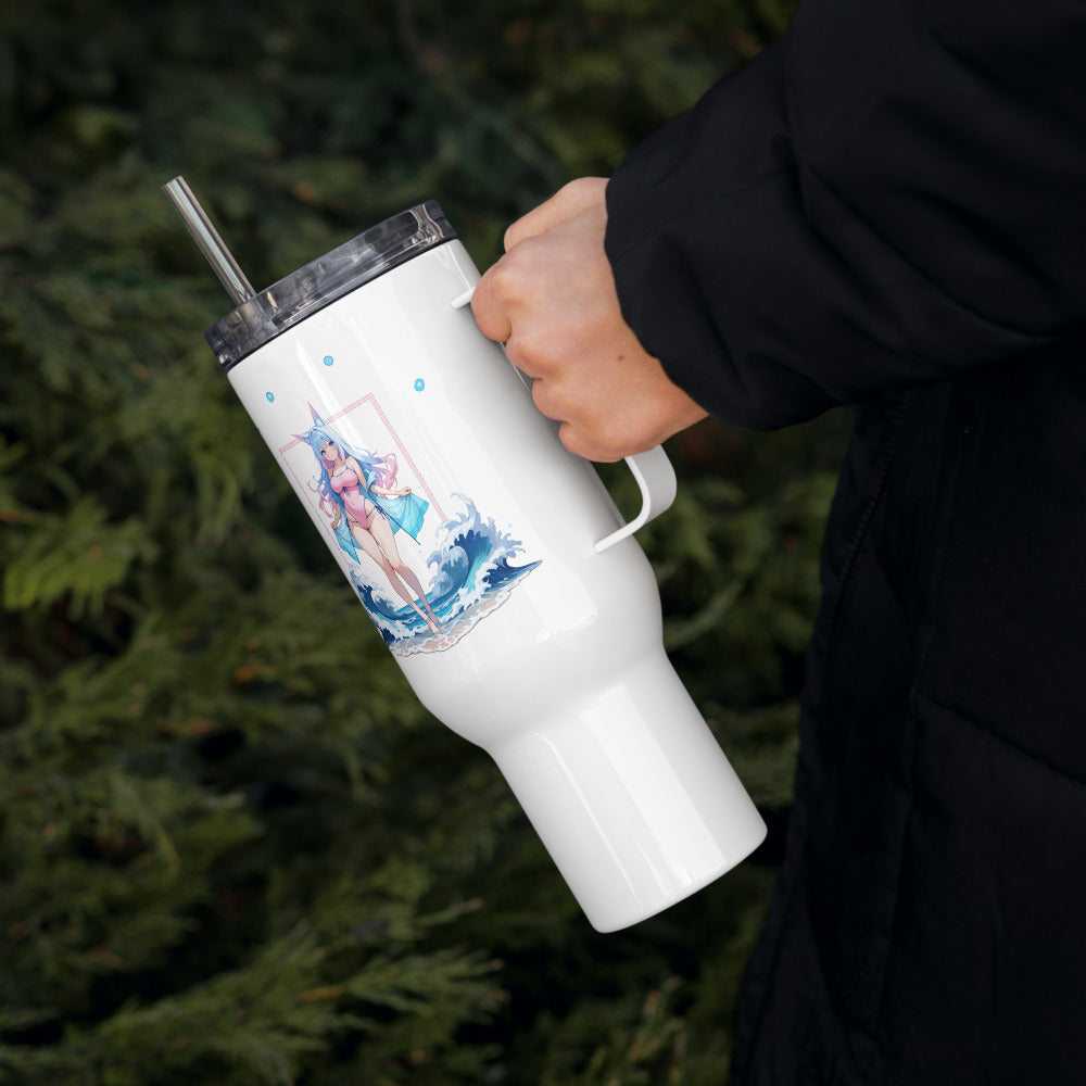 A person holds a white travel mug featuring a colorful Aqua Fox design, surrounded by lush greenery.
