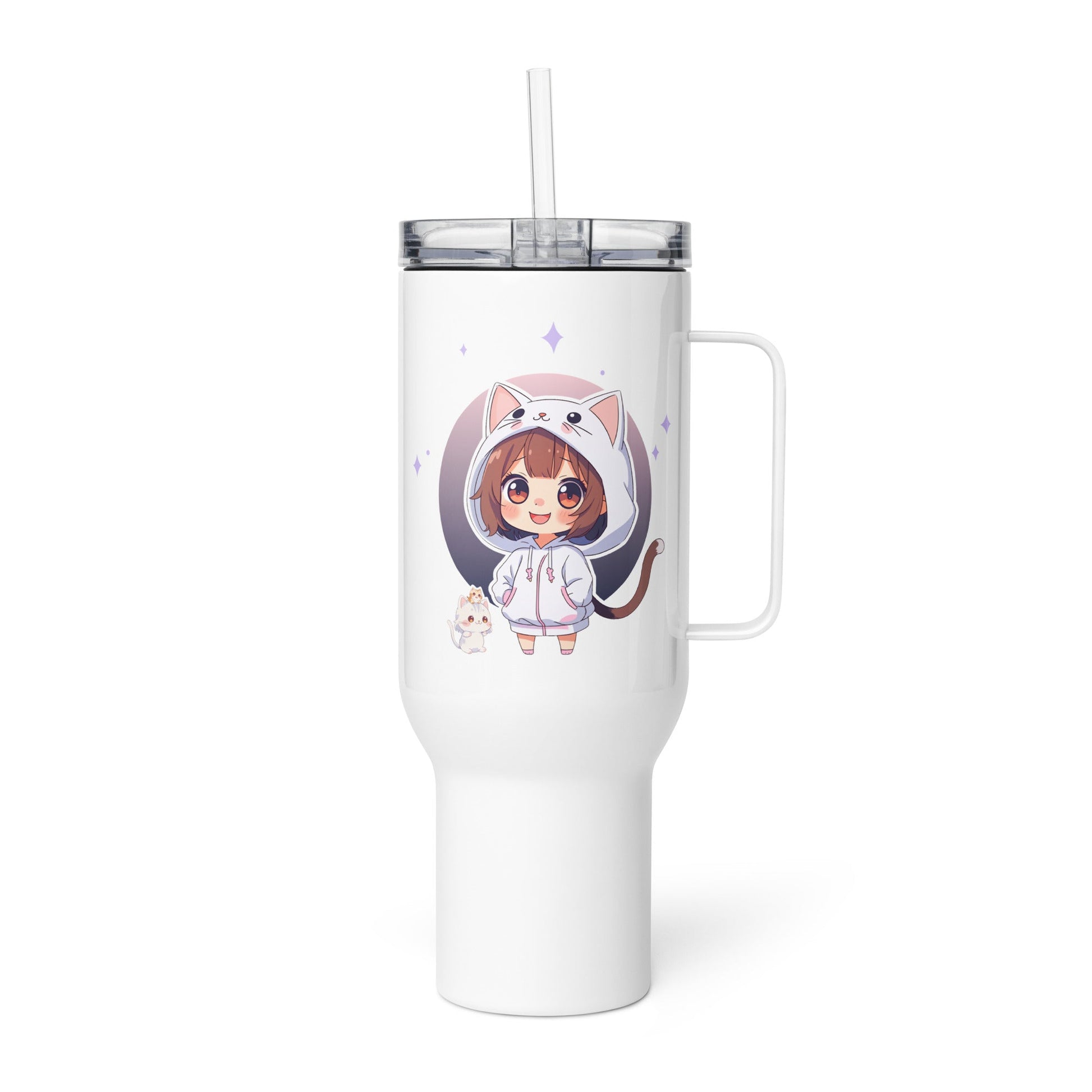 Charming travel mug featuring a chibi cat girl in a hoodie, perfect for sipping drinks with kawaii flair.