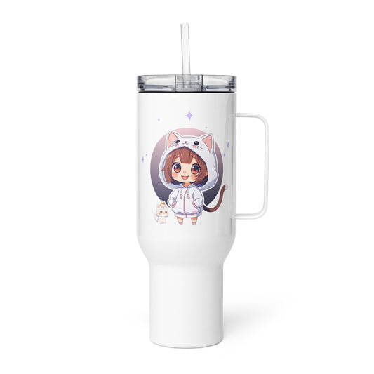 Charming travel mug featuring a chibi cat girl in a hoodie, perfect for sipping drinks with kawaii flair.