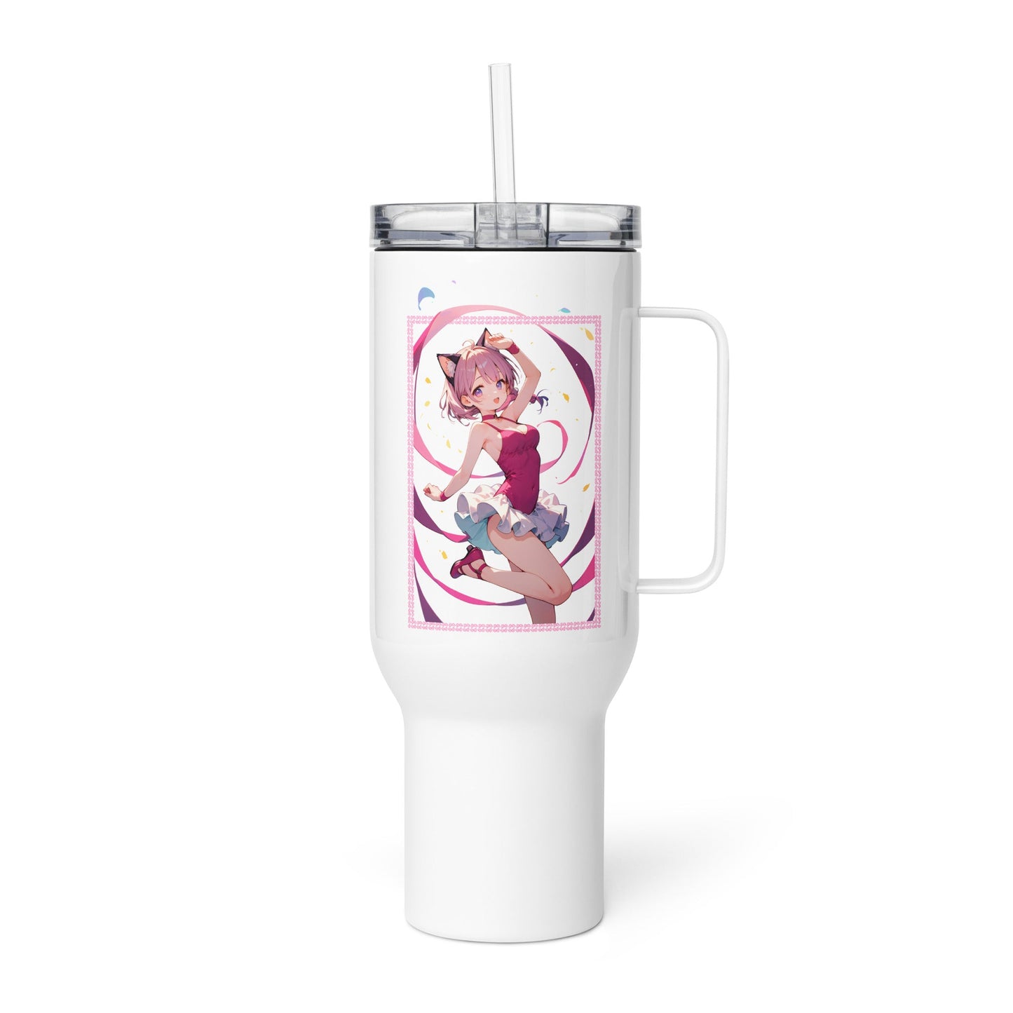 Charming travel mug featuring a ballet dancer in pinks and purples, perfect for on-the-go ballet lovers.