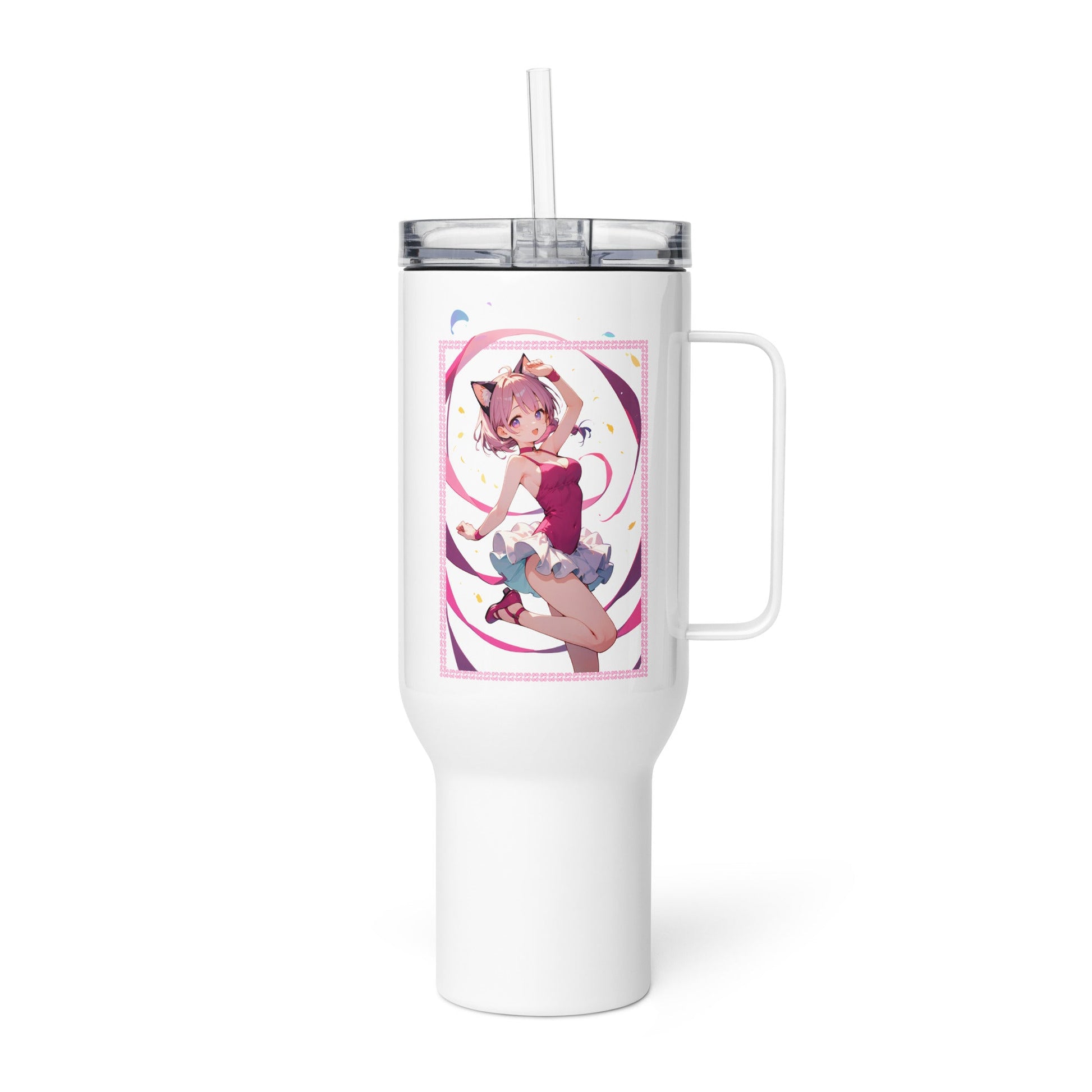 Charming travel mug featuring a ballet dancer in pinks and purples, perfect for on-the-go ballet lovers.