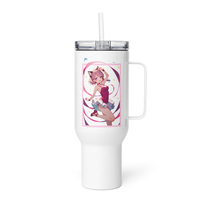 Charming travel mug featuring a ballet dancer in pinks and purples, perfect for on-the-go ballet lovers.