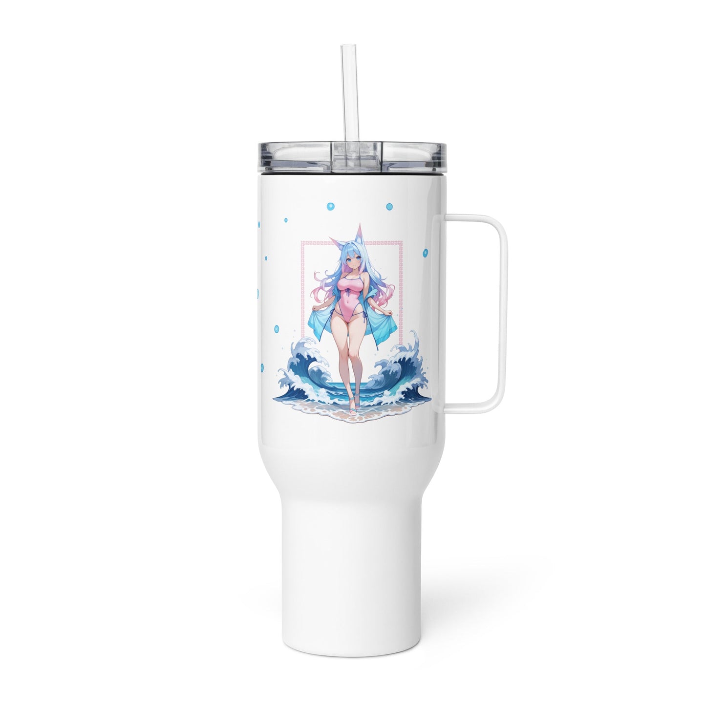 A tall, white travel mug featuring a kawaii fox girl with ocean waves, perfect for stylish hydration on the go.
