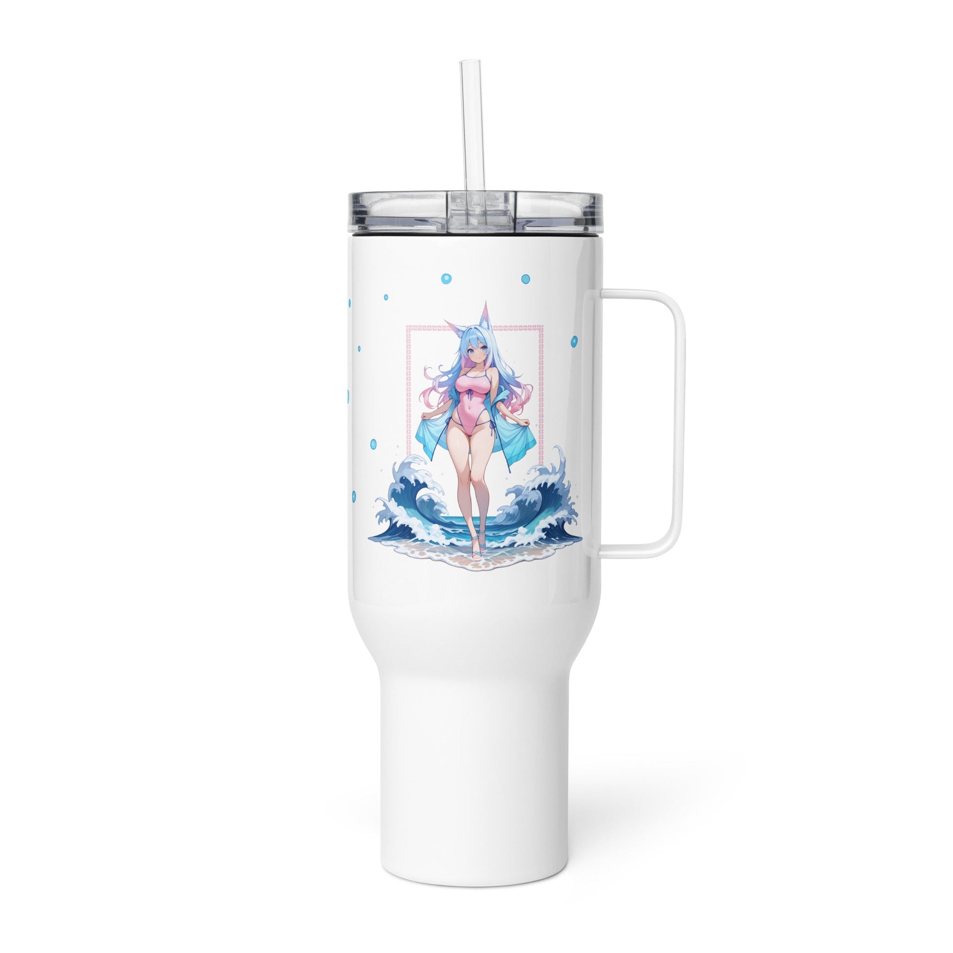 A tall, white travel mug featuring a kawaii fox girl with ocean waves, perfect for stylish hydration on the go.