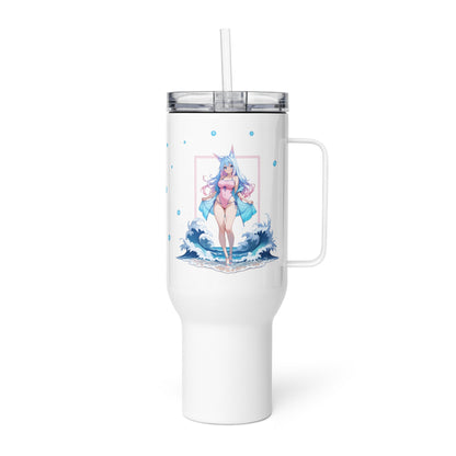A tall, white travel mug featuring a kawaii fox girl with ocean waves, perfect for stylish hydration on the go.