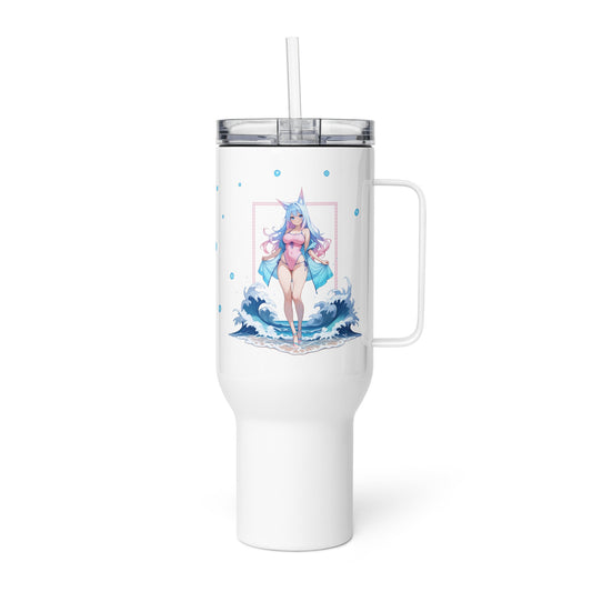 A tall, white travel mug featuring a kawaii fox girl with ocean waves, perfect for stylish hydration on the go.