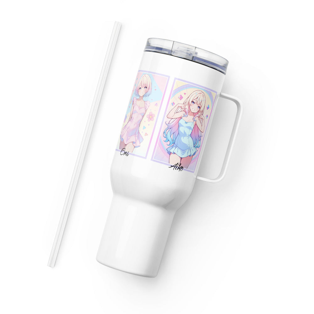 White travel mug with anime characters Emi and Aiko, featuring vibrant colors, a handle, and a straw for easy sipping.