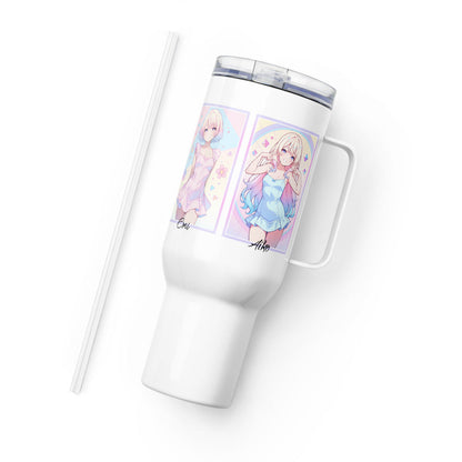 White travel mug with anime characters Emi and Aiko, featuring vibrant colors, a handle, and a straw for easy sipping.