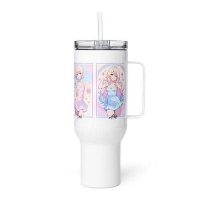 Sleek white travel mug featuring vibrant anime art of Emi and Aiko, perfect for on-the-go hydration with style.