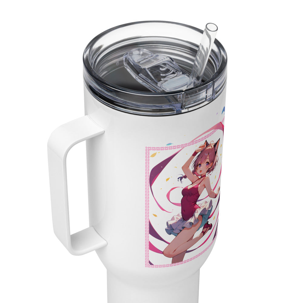 Charming travel mug featuring a cute ballet dancer in pinks and purples, perfect for ballet lovers on the go.
