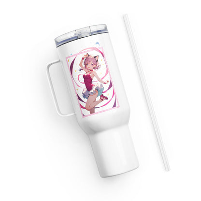 Charming travel mug featuring a kawaii ballet dancer in pink and purple, perfect for ballet lovers on the go.