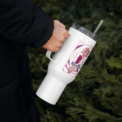 Charming white travel mug with a ballet dancer, perfect for dance lovers, featuring a comfortable handle and a straw.