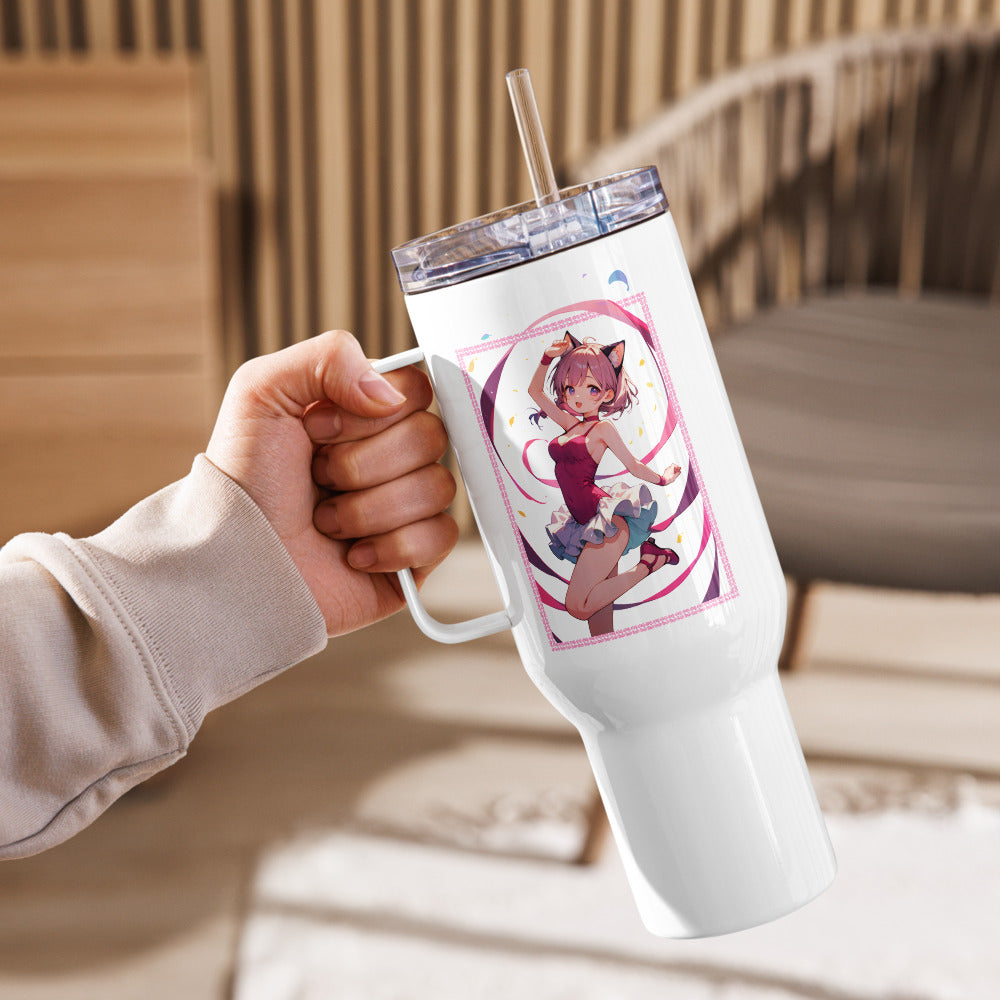 Charming 40oz travel mug with a ballet dancer illustration in pinks and purples, perfect for dance lovers on the go.