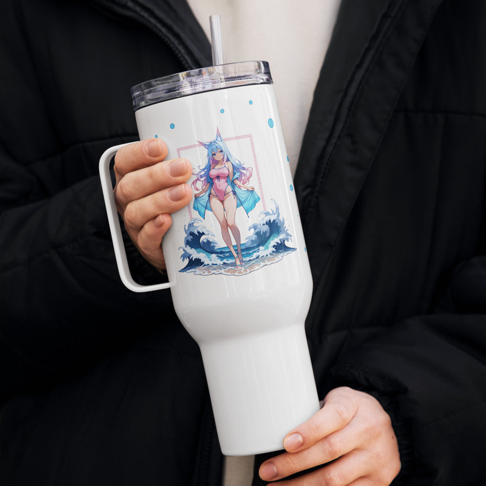 Charming travel mug featuring a kawaii fox girl against ocean waves, perfect for whimsical art lovers.