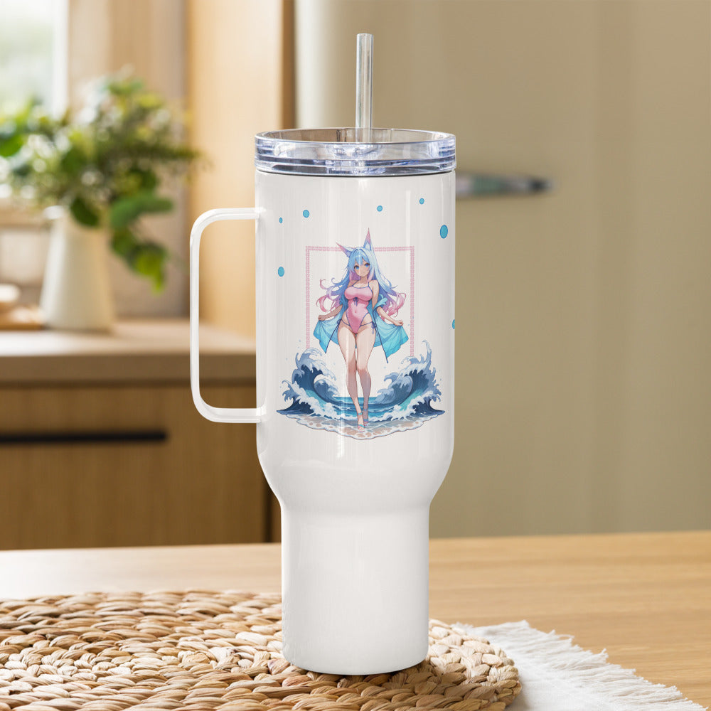 Kawaii Aqua Fox tumbler featuring a playful character amid ocean waves, perfect for stylish hydration on the go.