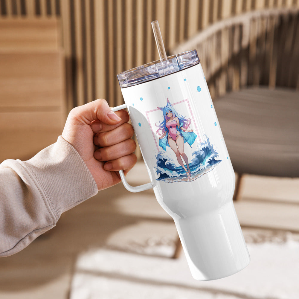 A hand holds a 40oz travel mug featuring a whimsical fox girl design with ocean waves and playful colors.