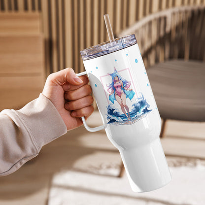 A hand holds a 40oz travel mug featuring a whimsical fox girl design with ocean waves and playful colors.