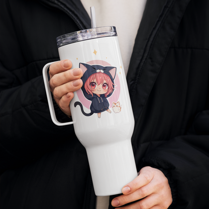 Charming 40oz tumbler featuring two cute cat girls against a pastel background, perfect for on-the-go sipping!