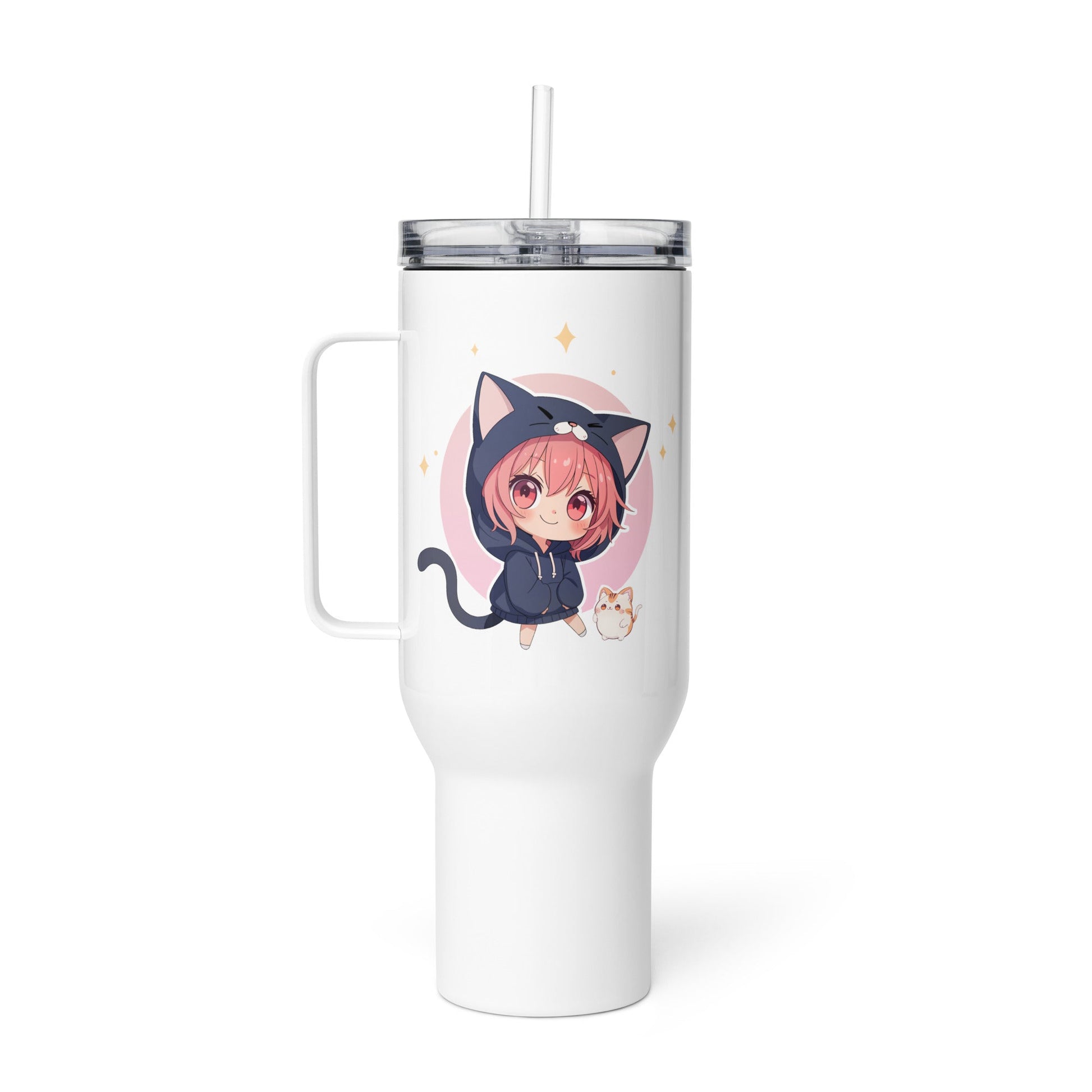 Charming white travel mug featuring a cute chibi cat girl illustration with pastel accents and a playful kitty companion.
