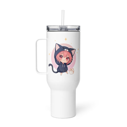 Charming white travel mug featuring a cute chibi cat girl illustration with pastel accents and a playful kitty companion.
