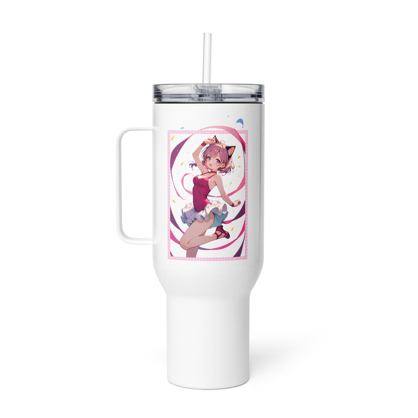 Charming travel mug featuring a ballet dancer in pinks and purples, perfect for ballet lovers on the go.