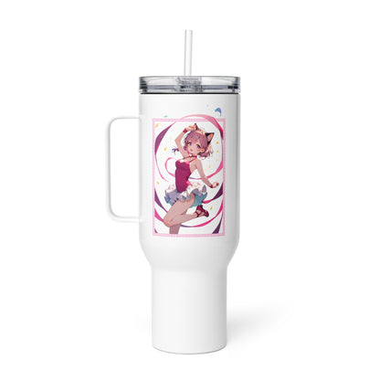 Charming travel mug featuring a ballet dancer in pinks and purples, perfect for ballet lovers on the go.