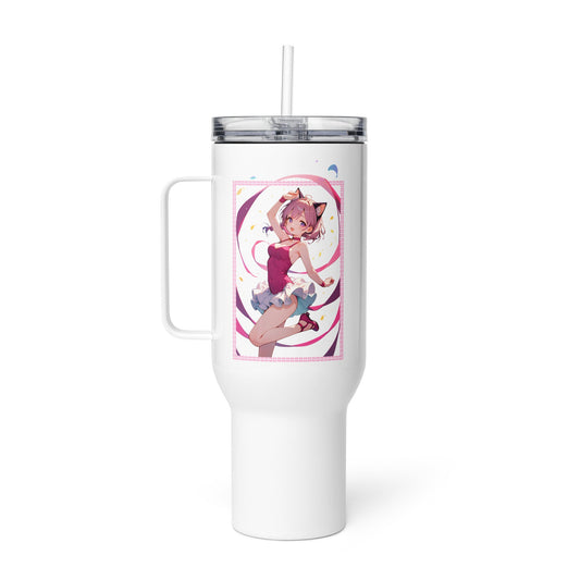 Charming travel mug featuring a ballet dancer in pinks and purples, perfect for ballet lovers on the go.