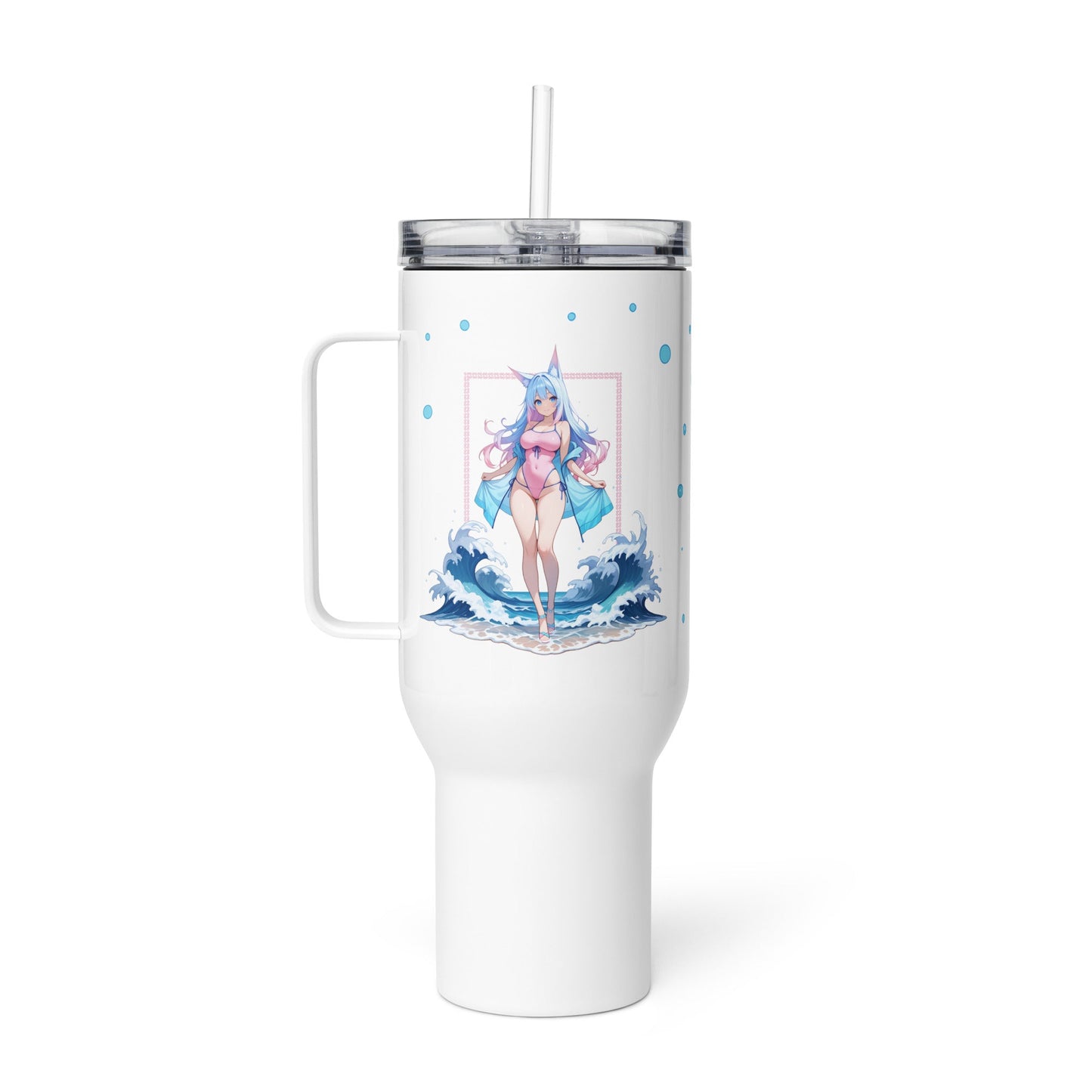 Charming 40oz travel mug featuring a kawaii fox girl design against ocean waves, perfect for stylish hydration on-the-go.
