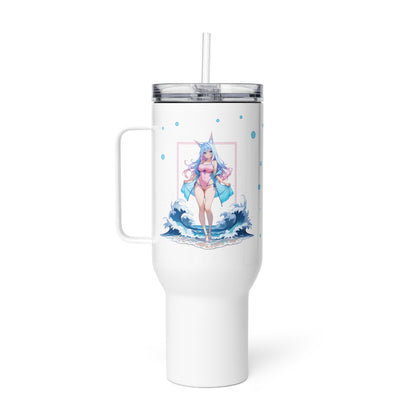 Charming 40oz travel mug featuring a kawaii fox girl design against ocean waves, perfect for stylish hydration on-the-go.