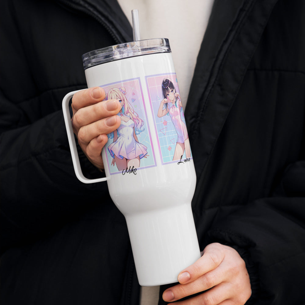 A person holds a sleek white travel mug featuring vibrant anime characters Mika and Luna, perfect for on-the-go hydration.