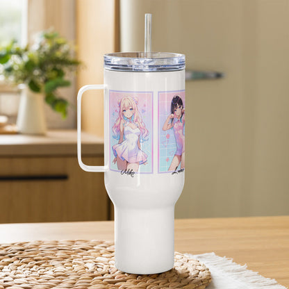 40oz travel mug featuring vibrant anime characters Mika and Luna, perfect for K-pop fans on the go.