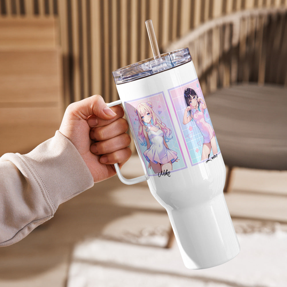 Sleek 40oz travel mug features vibrant anime characters, perfect for fans on the go. Durable and stylish for any adventure!
