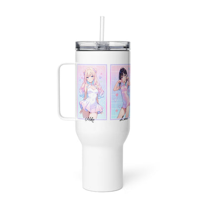 White travel mug featuring vibrant anime characters Mika and Luna, with a convenient handle and clear straw.